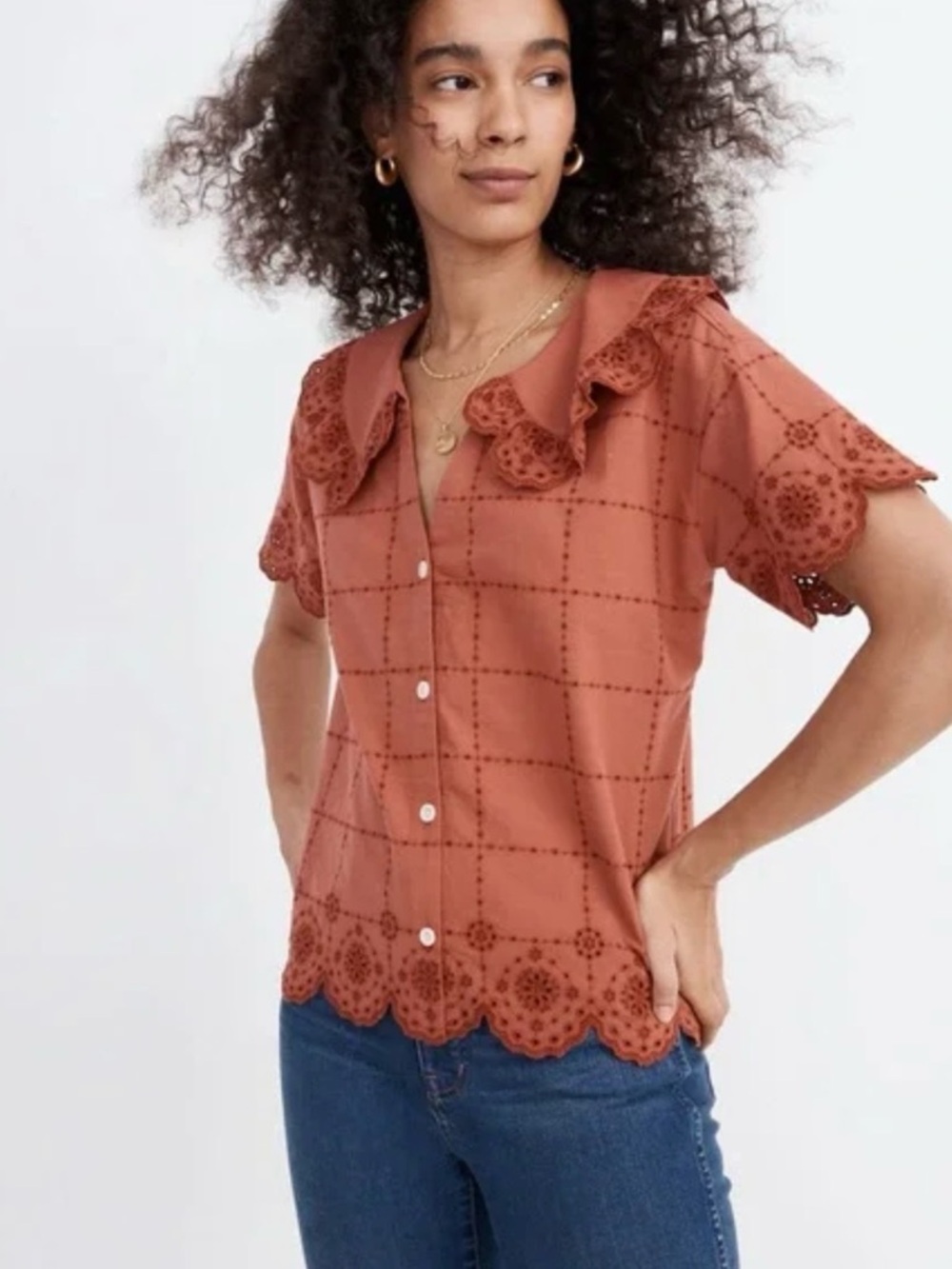 Madewell Rust Eyelet Button-Front Top with Scalloped Peter Pan Collar